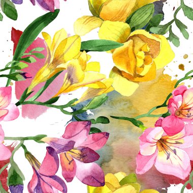Renkli frezya. Botanik çiçek. Sorunsuz arka plan deseni. Kumaş duvar kağıdı yazdırma doku. Arka plan, doku, sarıcı desen, çerçeve veya kenarlık için Aquarelle kır çiçeği.