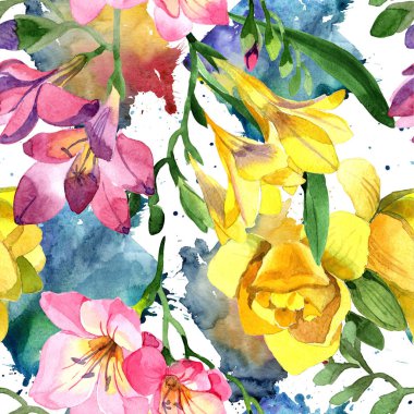 Renkli frezya. Botanik çiçek. Sorunsuz arka plan deseni. Kumaş duvar kağıdı yazdırma doku. Arka plan, doku, sarıcı desen, çerçeve veya kenarlık için Aquarelle kır çiçeği.