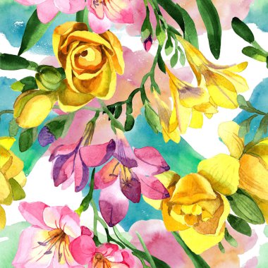 Renkli frezya. Botanik çiçek. Sorunsuz arka plan deseni. Kumaş duvar kağıdı yazdırma doku. Arka plan, doku, sarıcı desen, çerçeve veya kenarlık için Aquarelle kır çiçeği.