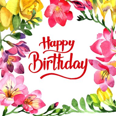 Renkli frezya. Botanik çiçek. Çerçeve kenarlığı süsleme Meydanı. Arka plan, doku, sarıcı desen, çerçeve veya kenarlık için Aquarelle kır çiçeği.