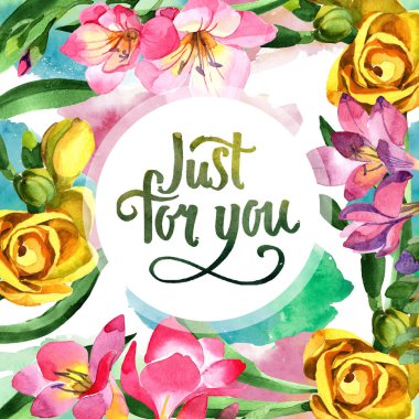 Renkli frezya. Botanik çiçek. Çerçeve kenarlığı süsleme Meydanı. Arka plan, doku, sarıcı desen, çerçeve veya kenarlık için Aquarelle kır çiçeği.