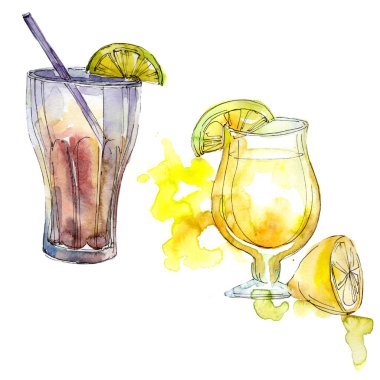 Buzlu çay ve taze ananas parti kokteyl içki bar. Gece kulübü izole simgesi kroki çizim. Aquarelle kokteyl içki resimde arka plan, doku, sarıcı desen, çerçeve veya kenarlık için.