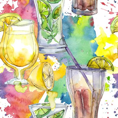 Yaz kokteylleri parti içki bar karışımı. Sorunsuz arka plan deseni. Aquarelle kokteyl içki resimde arka plan, doku, sarıcı desen, çerçeve veya kenarlık için.