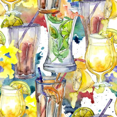 Yaz kokteylleri parti içki bar karışımı. Sorunsuz arka plan deseni. Aquarelle kokteyl içki resimde arka plan, doku, sarıcı desen, çerçeve veya kenarlık için.
