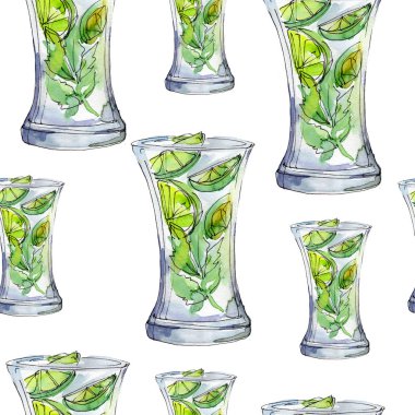 Yaz kokteylleri parti içki bar karışımı. Sorunsuz arka plan deseni. Aquarelle kokteyl içki resimde arka plan, doku, sarıcı desen, çerçeve veya kenarlık için.