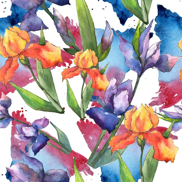 色とりどりの花しょうぶ 花植物の花 シームレスな背景パターン 壁紙印刷手触りの生地 テクスチャ ラッパー パターン フレームや境界線の Aquarelle ワイルドフラワー — ストック写真
