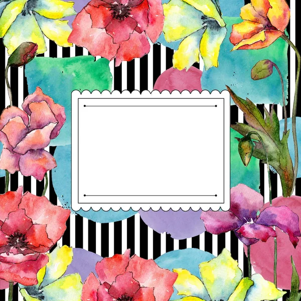 Papoula Colorida Floral Flor Botânica Quadro Borda Ornamento Quadrado Aquarelle — Fotografia de Stock