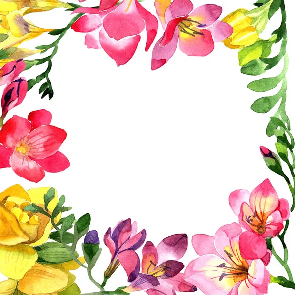 Colorful Freesia Floral Botanical Flower Frame Border Ornament Square Aquarelle — Stock Photo, Image