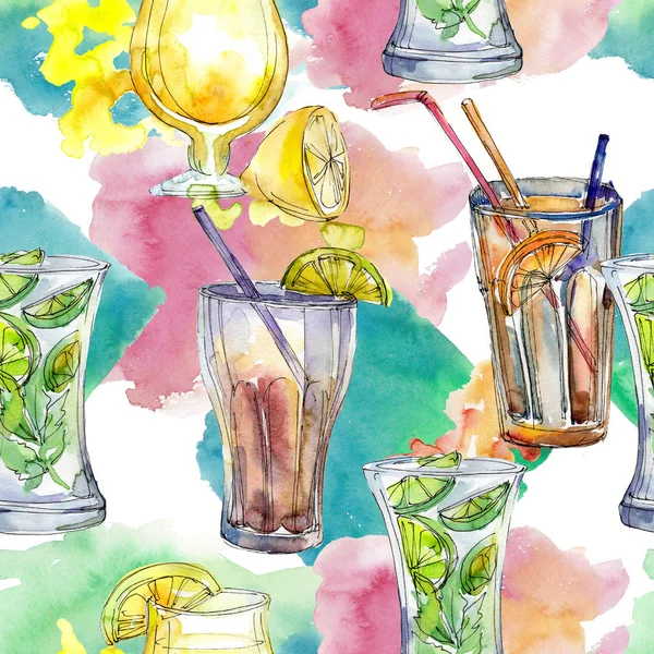 混合夏季鸡尾酒酒吧派对饮料 无缝的背景图案 水彩画鸡尾酒饮料的背景 包装图案 框架或边框的插图 — 图库照片