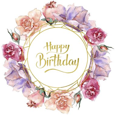 Renkli gül. Botanik çiçek. Çerçeve kenarlığı süsleme Meydanı. Arka plan, doku, sarıcı desen, çerçeve veya kenarlık için Aquarelle kır çiçeği.