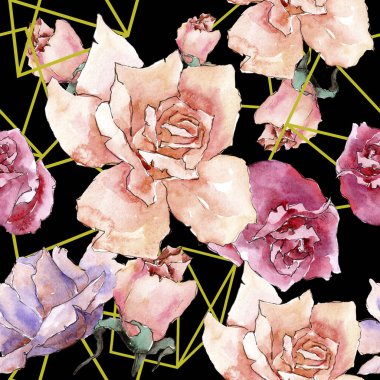 Renkli gül. Botanik çiçek. Sorunsuz arka plan deseni. Kumaş duvar kağıdı yazdırma doku. Arka plan, doku, sarıcı desen, çerçeve veya kenarlık için Aquarelle kır çiçeği.