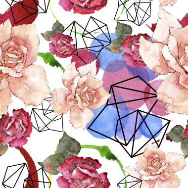 Renkli gül. Botanik çiçek. Sorunsuz arka plan deseni. Kumaş duvar kağıdı yazdırma doku. Arka plan, doku, sarıcı desen, çerçeve veya kenarlık için Aquarelle kır çiçeği.