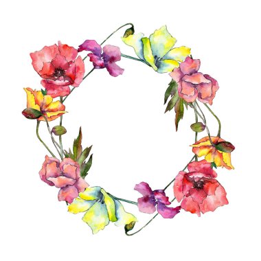 Renkli poppy. Botanik çiçek. Çerçeve kenarlığı süsleme Meydanı. Arka plan, doku, sarıcı desen, çerçeve veya kenarlık için Aquarelle kır çiçeği.