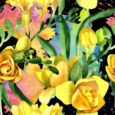 Renkli frezya. Botanik çiçek. Sorunsuz arka plan deseni. Kumaş duvar kağıdı yazdırma doku. Arka plan, doku, sarıcı desen, çerçeve veya kenarlık için Aquarelle kır çiçeği.