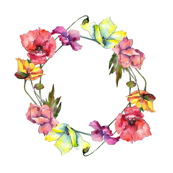 Πολύχρωμο Παπαρούνας Floral Βοτανικό Λουλούδι Πλατεία Στολίδι Περίγραμμα Πλαισίου Ακουαρέλα — Φωτογραφία Αρχείου