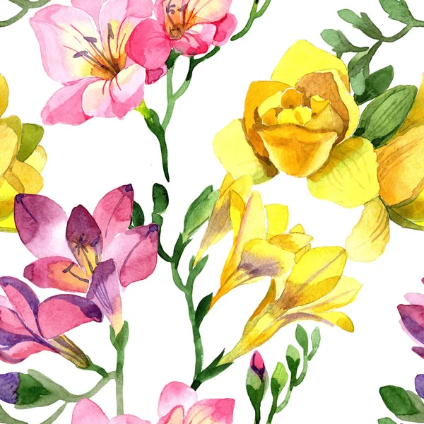 Colorful Freesia Floral Botanical Flower Seamless Background Pattern Fabric Wallpaper — Stock Photo, Image