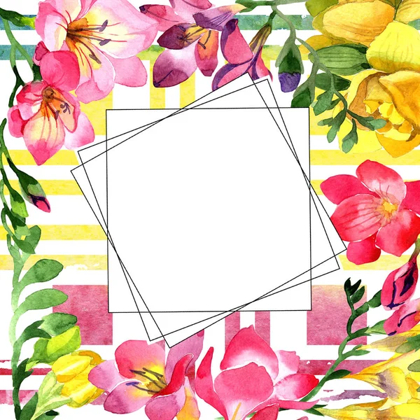 多彩的小苍兰 花卉植物花 框边框装饰广场 包装图案 框架或边框的水彩画野花 — 图库照片