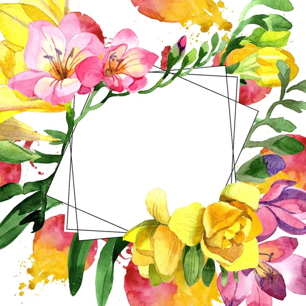 Colorful Freesia Floral Botanical Flower Frame Border Ornament Square Aquarelle — Stock Photo, Image