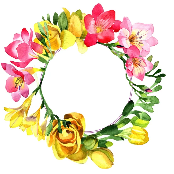 Kolorowe Frezji Botaniczny Kwiat Kwiatowy Ramki Granicznej Ornament Placu Aquarelle — Zdjęcie stockowe