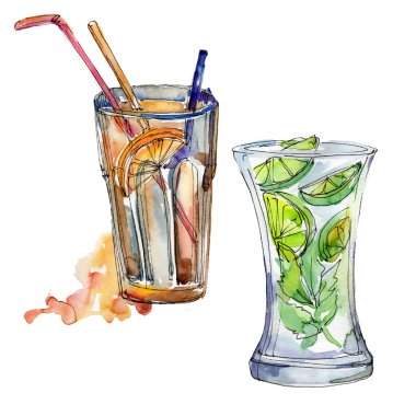 Cuba Libre ve Mojito bar parti kokteyl içki. Gece kulübü izole simgesi kroki çizim. Aquarelle kokteyl içki resimde arka plan, doku, sarıcı desen, çerçeve veya kenarlık için.
