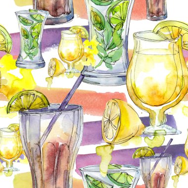 Yaz kokteylleri parti içki bar karışımı. Sorunsuz arka plan deseni. Aquarelle kokteyl içki resimde arka plan, doku, sarıcı desen, çerçeve veya kenarlık için.