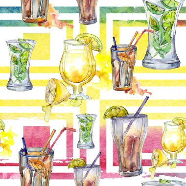 Yaz kokteylleri parti içki bar karışımı. Sorunsuz arka plan deseni. Aquarelle kokteyl içki resimde arka plan, doku, sarıcı desen, çerçeve veya kenarlık için.