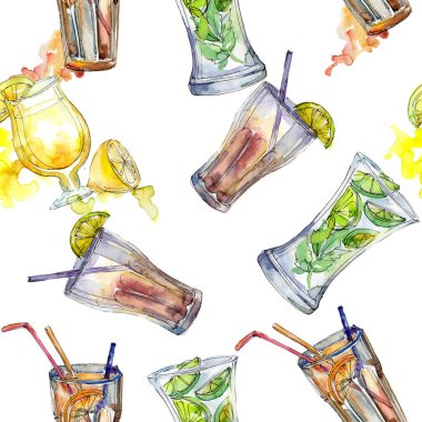 Yaz kokteylleri parti içki bar karışımı. Sorunsuz arka plan deseni. Aquarelle kokteyl içki resimde arka plan, doku, sarıcı desen, çerçeve veya kenarlık için.
