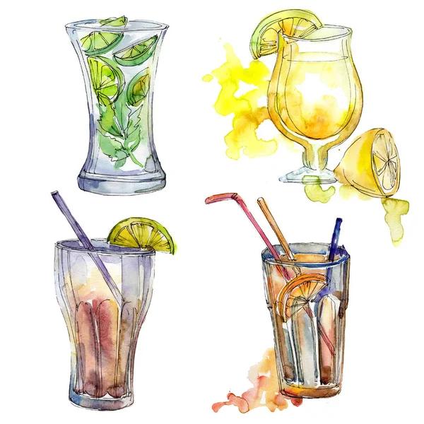 Mix of summer cocktails bar party drink. Nightclub isolated icon sketch drawing. Aquarelle cocktail drink illustration for background, texture, wrapper pattern, frame or border.