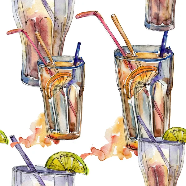 Mix of summer cocktails bar party drink. Seamless background pattern. Aquarelle cocktail drink illustration for background, texture, wrapper pattern, frame or border.