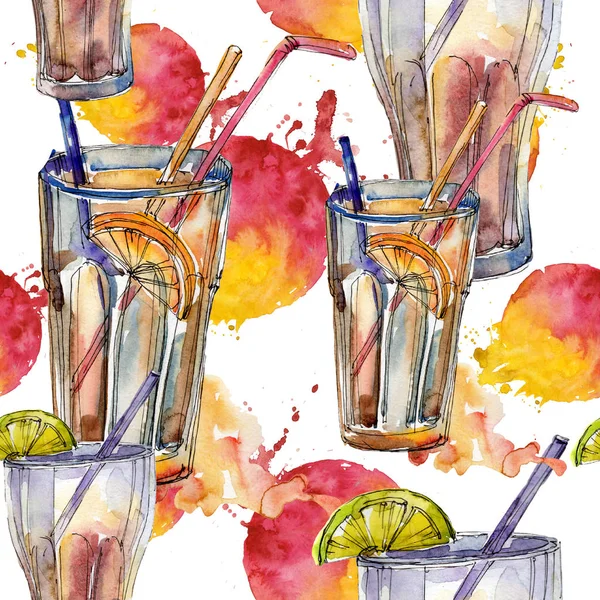 Mix of summer cocktails bar party drink. Seamless background pattern. Aquarelle cocktail drink illustration for background, texture, wrapper pattern, frame or border.