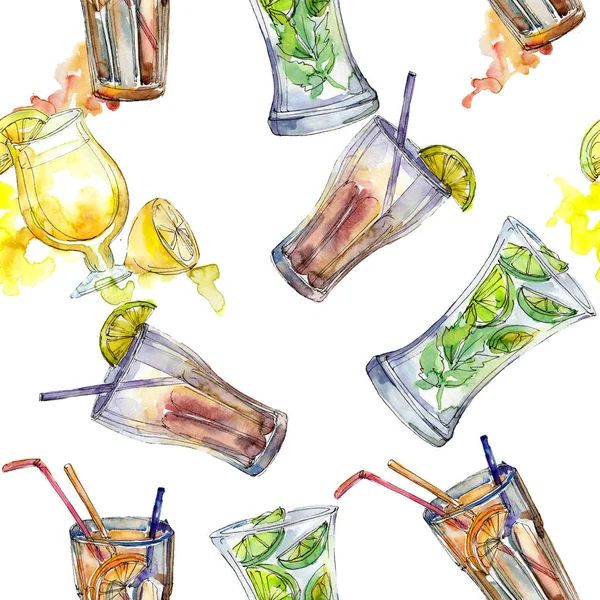 Mix of summer cocktails bar party drink. Seamless background pattern. Aquarelle cocktail drink illustration for background, texture, wrapper pattern, frame or border.