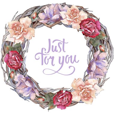 Renkli gül. Botanik çiçek. Çerçeve kenarlığı süsleme Meydanı. Arka plan, doku, sarıcı desen, çerçeve veya kenarlık için Aquarelle kır çiçeği.