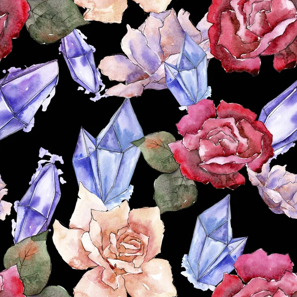 Renkli gül. Botanik çiçek. Sorunsuz arka plan deseni. Kumaş duvar kağıdı yazdırma doku. Arka plan, doku, sarıcı desen, çerçeve veya kenarlık için Aquarelle kır çiçeği.