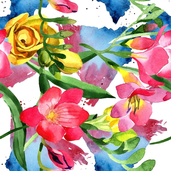 Renkli frezya. Botanik çiçek. Sorunsuz arka plan deseni. Kumaş duvar kağıdı yazdırma doku. Arka plan, doku, sarıcı desen, çerçeve veya kenarlık için Aquarelle kır çiçeği.