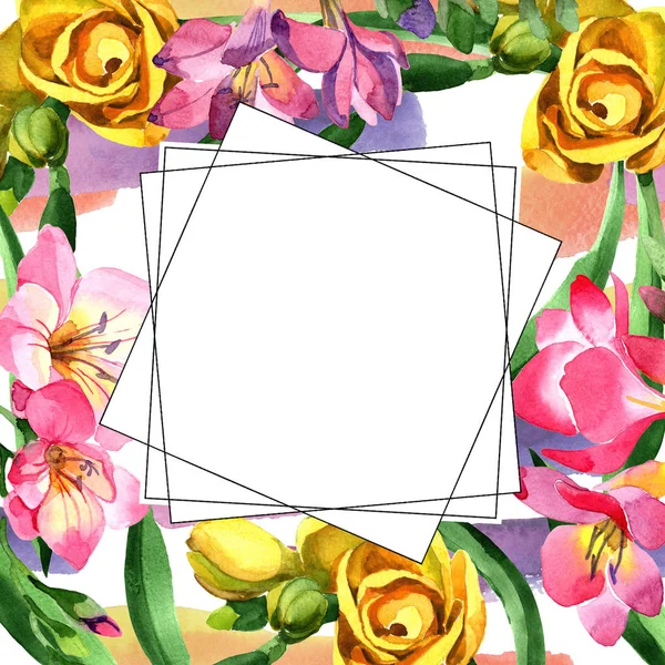 Kleurrijke Fresia Floral Botanische Bloem Frame Grens Ornament Vierkant Aquarelle — Stockfoto