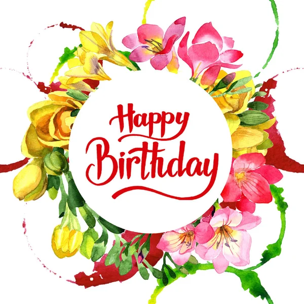 Renkli frezya. Botanik çiçek. Çerçeve kenarlığı süsleme Meydanı. Arka plan, doku, sarıcı desen, çerçeve veya kenarlık için Aquarelle kır çiçeği.