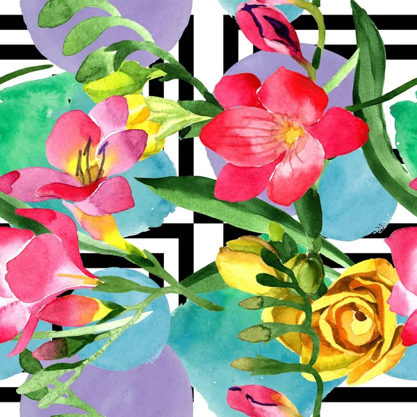 Kleurrijke Fresia Floral Botanische Bloem Naadloze Achtergrondpatroon Structuur Behang Print — Stockfoto
