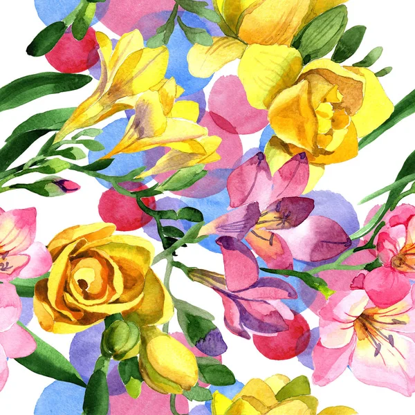 Colorful Freesia Floral Botanical Flower Seamless Background Pattern Fabric Wallpaper — Stock Photo, Image