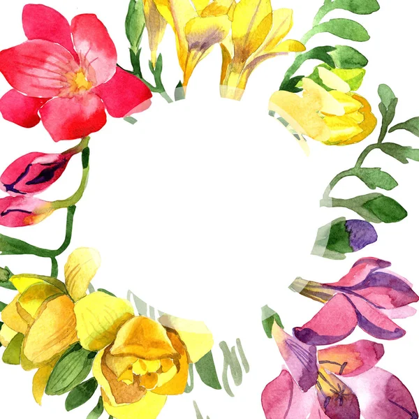 Colorful Freesia Floral Botanical Flower Frame Border Ornament Square Aquarelle — Stock Photo, Image