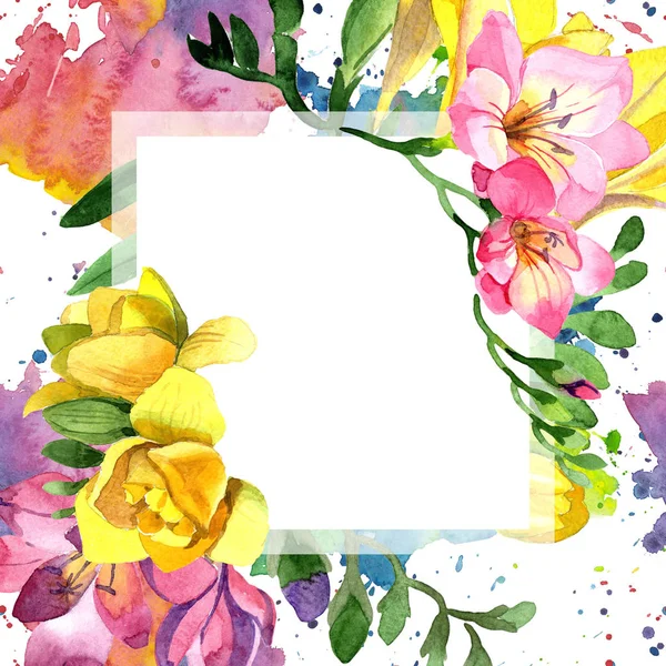Colorful Freesia Floral Botanical Flower Frame Border Ornament Square Aquarelle — Stock Photo, Image