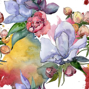 Tropikal renkli buket. Botanik çiçek. Sorunsuz arka plan deseni. Kumaş duvar kağıdı yazdırma doku. Arka plan, doku, sarıcı desen, çerçeve veya kenarlık için Aquarelle kır çiçeği.
