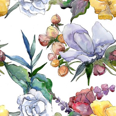 Tropikal renkli buket. Botanik çiçek. Sorunsuz arka plan deseni. Kumaş duvar kağıdı yazdırma doku. Arka plan, doku, sarıcı desen, çerçeve veya kenarlık için Aquarelle kır çiçeği.