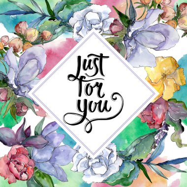 Tropikal renkli buket. Botanik çiçek. Çerçeve kenarlığı süsleme Meydanı. Arka plan, doku, sarıcı desen, çerçeve veya kenarlık için Aquarelle kır çiçeği.