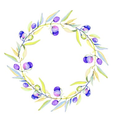 Zeytin dalı suluboya tarzında. Çerçeve kenarlığı süsleme Meydanı. Bitki tam adı: bir zeytin ağacı dalı. Arka plan, doku, sarıcı desen, çerçeve veya kenarlık için Aquarelle zeytin ağacı.