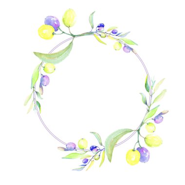 Zeytin dalı suluboya tarzında. Çerçeve kenarlığı süsleme Meydanı. Bitki tam adı: bir zeytin ağacı dalı. Arka plan, doku, sarıcı desen, çerçeve veya kenarlık için Aquarelle zeytin ağacı.