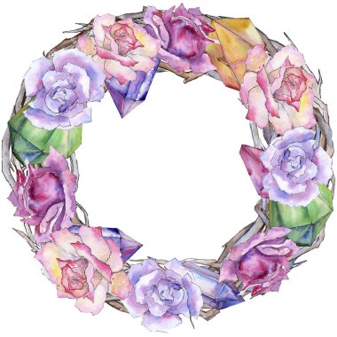 Pembe gül. Botanik çiçek. Çerçeve kenarlığı süsleme Meydanı. Arka plan, doku, sarıcı desen, çerçeve veya kenarlık için Aquarelle kır çiçeği.