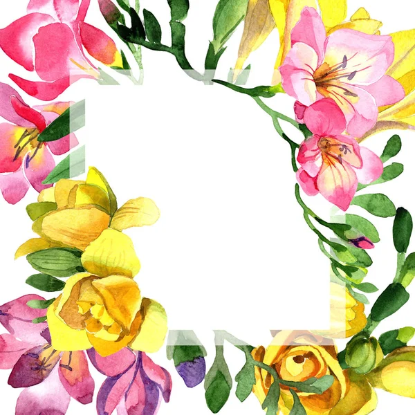 Colorful Freesia Floral Botanical Flower Frame Border Ornament Square Aquarelle — Stock Photo, Image