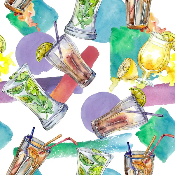 Yaz kokteylleri parti içki bar karışımı. Sorunsuz arka plan deseni. Aquarelle kokteyl içki resimde arka plan, doku, sarıcı desen, çerçeve veya kenarlık için.