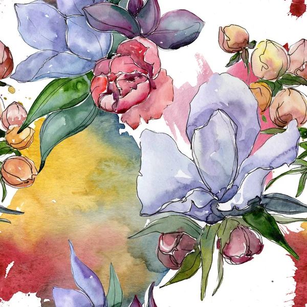 Tropikal renkli buket. Botanik çiçek. Sorunsuz arka plan deseni. Kumaş duvar kağıdı yazdırma doku. Arka plan, doku, sarıcı desen, çerçeve veya kenarlık için Aquarelle kır çiçeği.