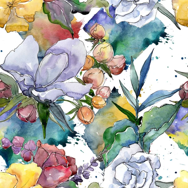 Tropikal renkli buket. Botanik çiçek. Sorunsuz arka plan deseni. Kumaş duvar kağıdı yazdırma doku. Arka plan, doku, sarıcı desen, çerçeve veya kenarlık için Aquarelle kır çiçeği.